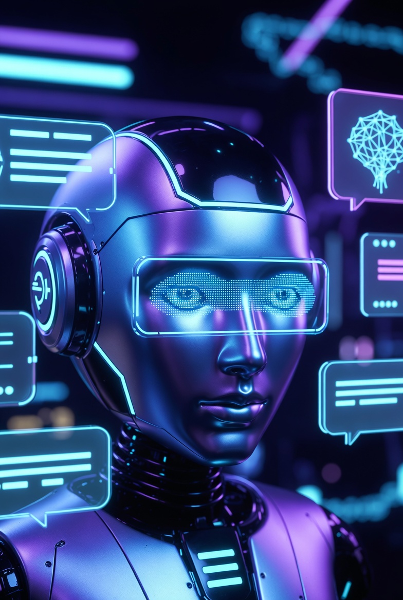 A chatbot interface surrounded by floating chat bubbles
