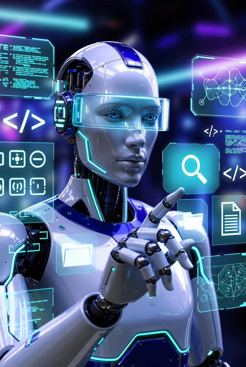 A humanoid AI agent reaching for floating tool panels — search, code, file