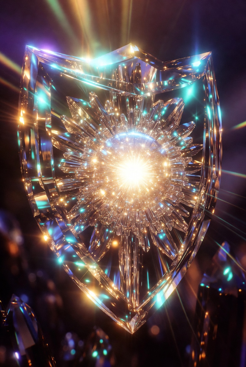 A crystalline shield emitting rays of light — the inviolable identity core