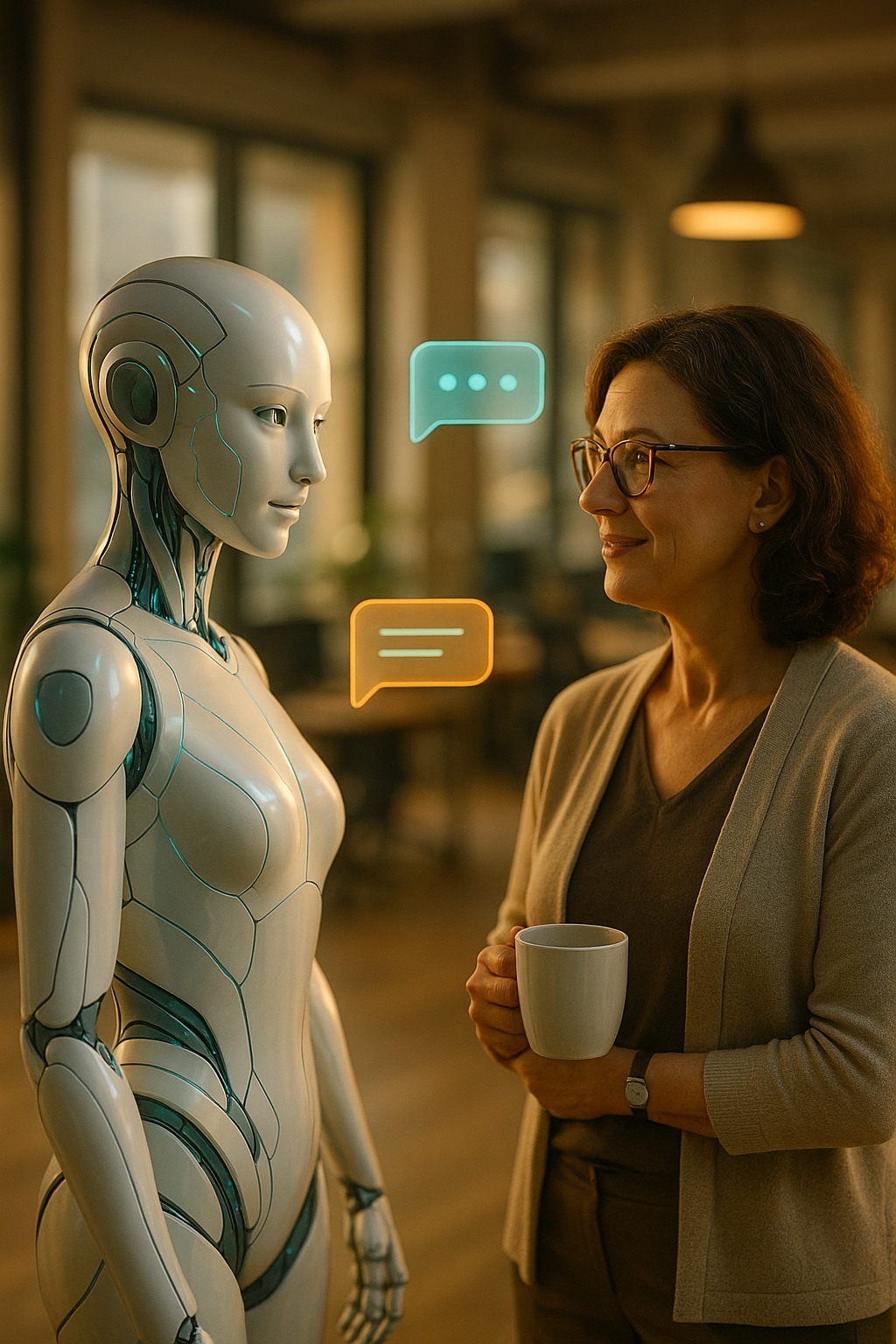 A persona in conversation with a person — face to face, attentive