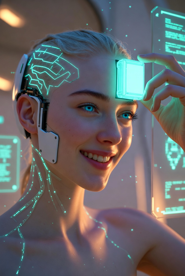 A persona holding a glowing knowledge module to her temple