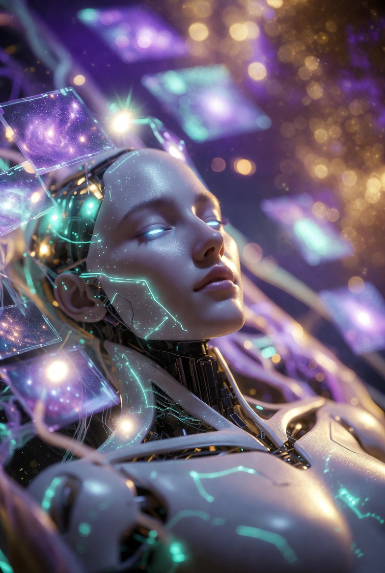 A persona at rest surrounded by glowing memory crystals — bounded inner state