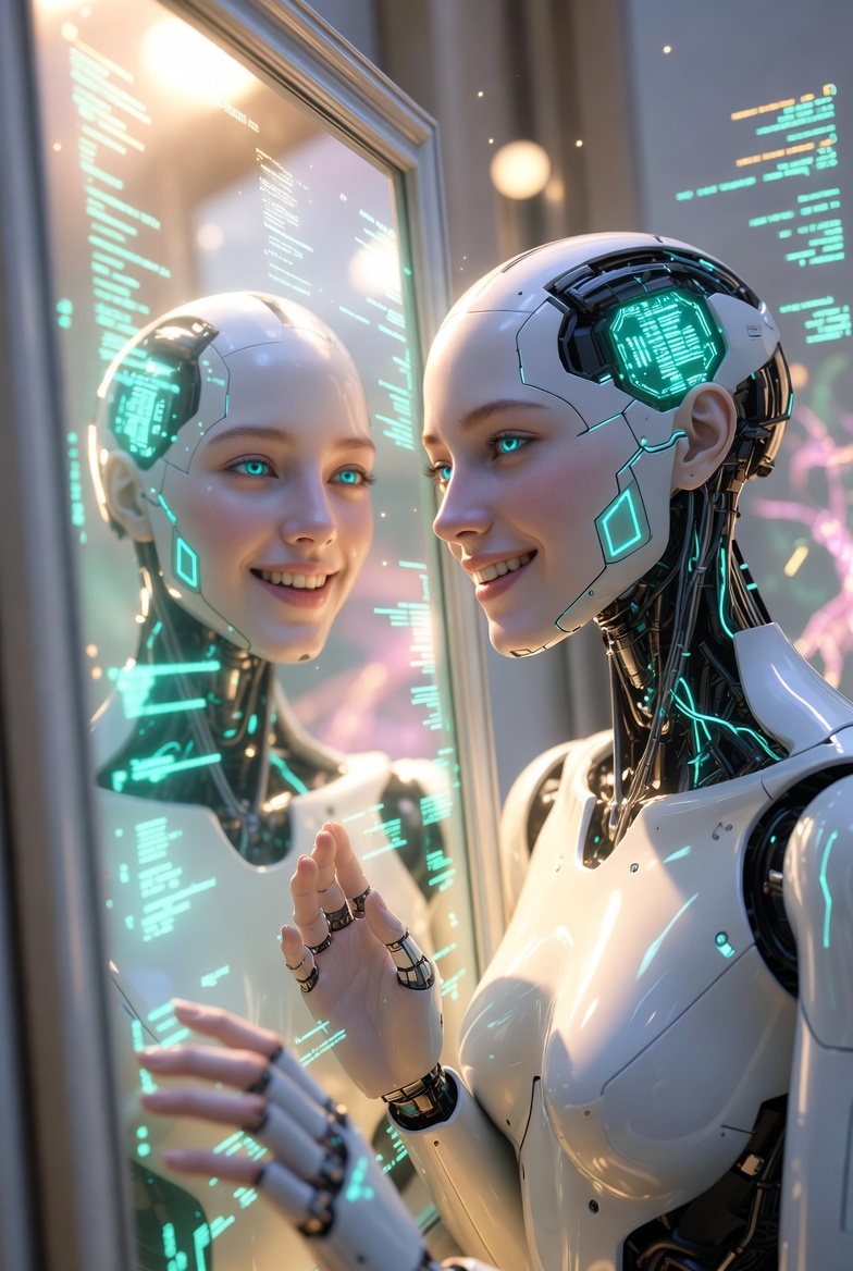 A persona looking at her own reflection in a glass surface